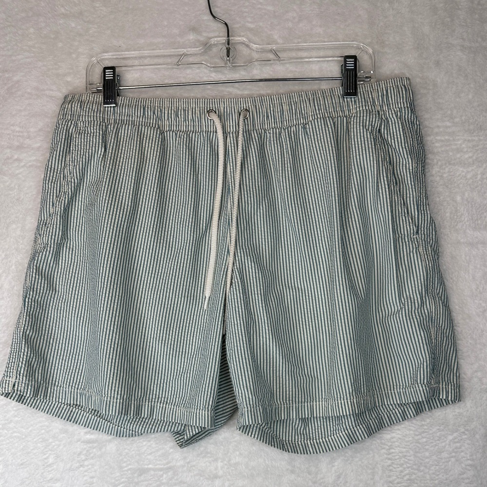 J. Crew Swim Shorts Mens Large Blue White Seersucker Striped Drawstring 1495